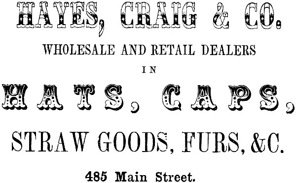 HAYES, CRAIG & CO. WHOLESALE AND RETAIL DEALERS IN HATS, CAPS,
STRAW GOODS, FURS, &C. 485 Main Street.