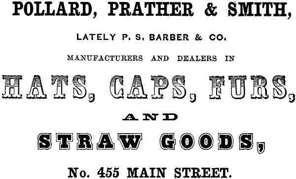POLLARD, PRATHER & SMITH, LATELY P. S. BARBER & CO.
MANUFACTURERS AND DEALERS IN HATS, CAPS, FURS, AND STRAW GOODS, No. 455 MAIN STREET.