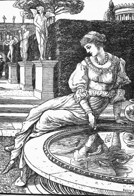 "She was in the garden, lying on the marble edge of a
fountain, feeding the gold fish who swam in the water."—Frontispiece.