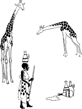 [Illustration: person, 3 jars, giraffes]