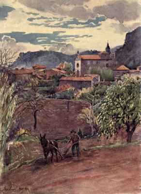 Village in front of hills with man ploughing in the foreground