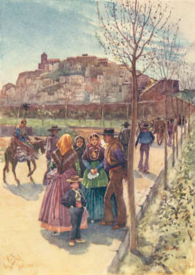 People heading towards a large walled town built on a hill