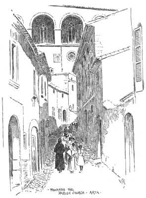 Girls walking up stairs in a narrow street , heading to church