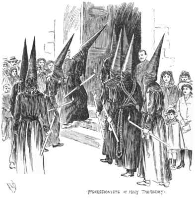 Figures in dark cloaks with masks and pointed hats carrying lit candles