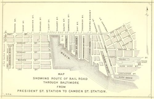 Map showing route of rail road through Baltimore from
President St. station to Camden St. station.