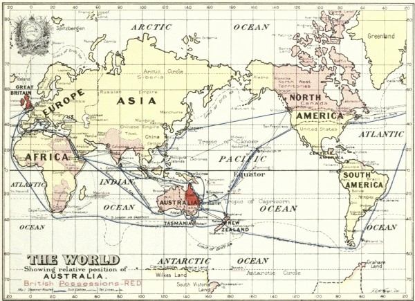 THE WORLD Showing relative position of AUSTRALIA.