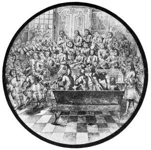 HANDEL DIRECTING AN ORATORIO.

Handel is seen (on the left) seated at a cembalo with two keyboards in
the midst of his musicians. At his right hand he has the “concertino”
group (consisting of the ’cellist, two violinists and two flautists). On
his near left (quite close to the cembalo) are the vocal soloists. The
rest of the instrumentalists are out of his sight.