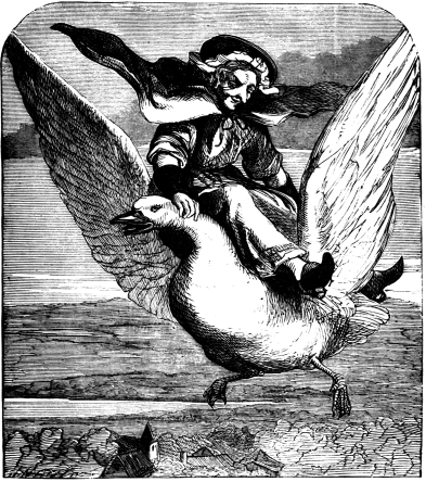 Mother Goose riding a goose.