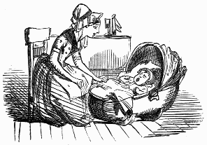 Woman rocking baby in cradle