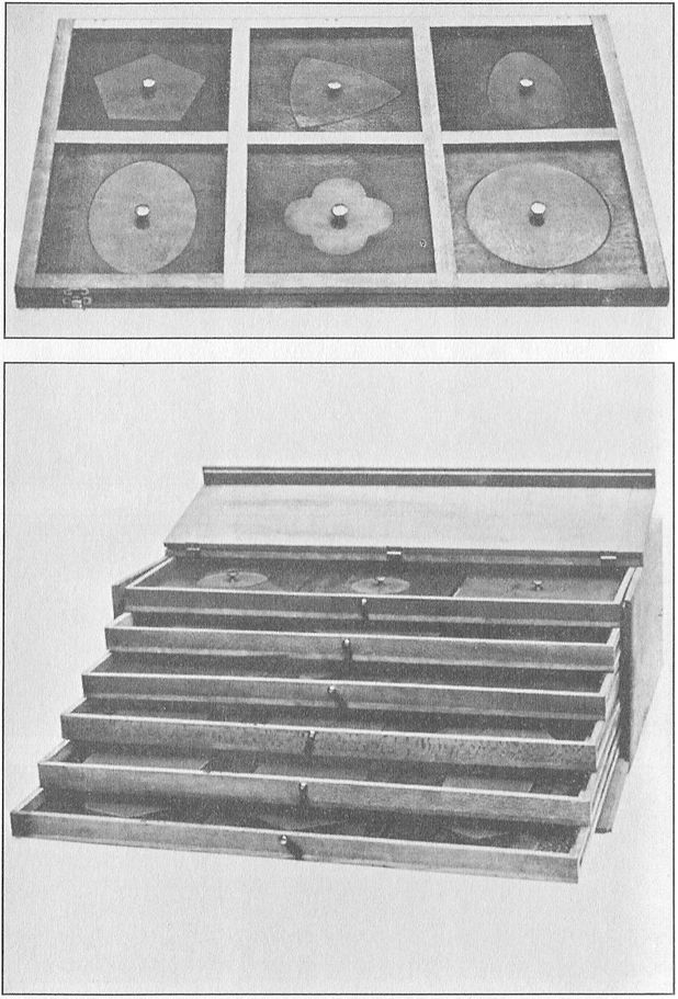 (A) GEOMETRIC INSETS OF WOOD, AND FRAME. The frame furnishes the control
necessary for exactness of work.  (B) CABINET. (For storing geometric inset frames.)