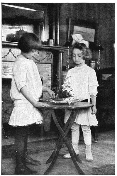 Two little girls working on table plants