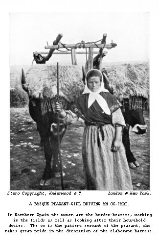 A Basque peasant-girl driving an ox-cart