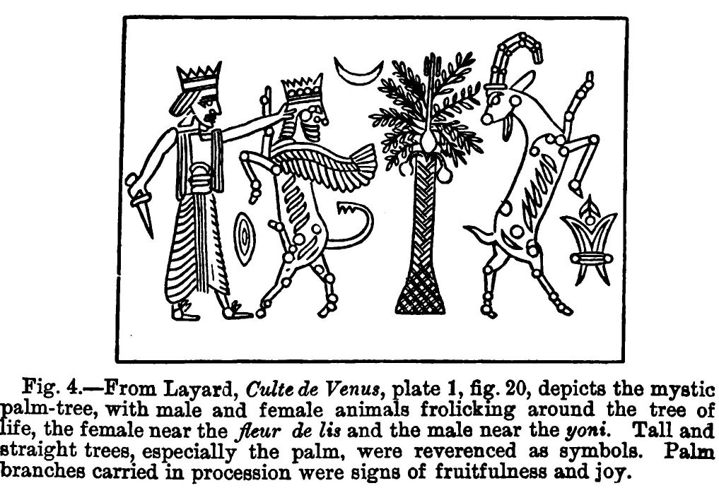 Fig. 4.--from Layard, Culte de Venus, Plate I, Fig. 20,
Depicts the Mystic Signs of Their Worship, and Dr. Oort* Says Of The
Name Ashera, 'this Word Expressed Originally a Pillar On, Or Near--not
Only the Altars of Baal--but Also The Altars Of Jhvh.'
