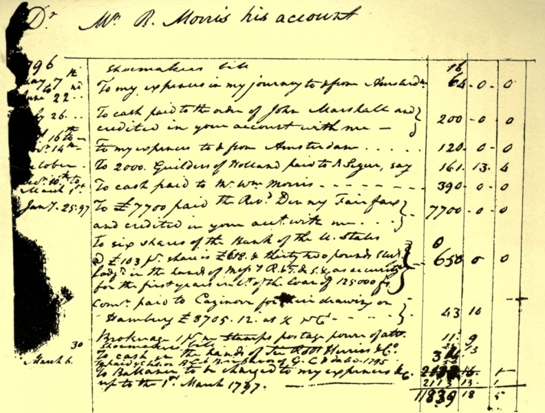 PAGE OF JAMES MARSHALL'S ACCOUNT WITH ROBERT MORRIS
SHOWING PAYMENT OF £7700 TO FAIRFAX