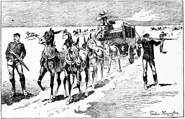 Stagecoach under attack, protected by soldiers