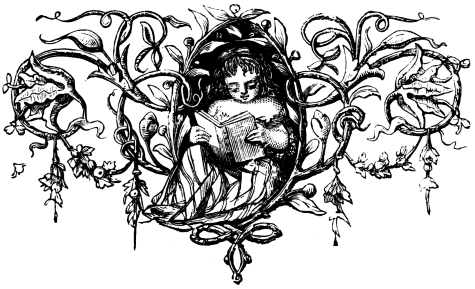 Girl reading surrounded by scrolls and vines and flowers