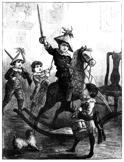 Four boys dressed as play soldiers, one on a rocking horse