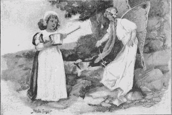 Girl with a dipper talking to a fairy
