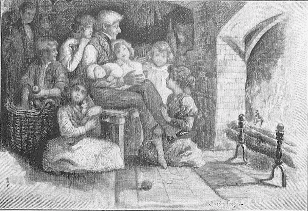 Father with children by a fireplace