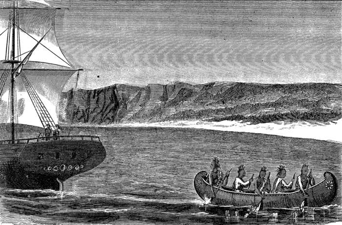 Canoe moves away from ship
under sail.