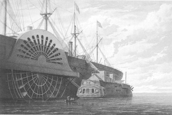 T. Picken, lith from a drawing by R. Dudley

London, Day & Sons, Limited, Lith.

THE OLD FRIGATE WITH HER FREIGHT OF CABLE ALONGSIDE THE “GREAT EASTERN”
AT SHEERNESS.