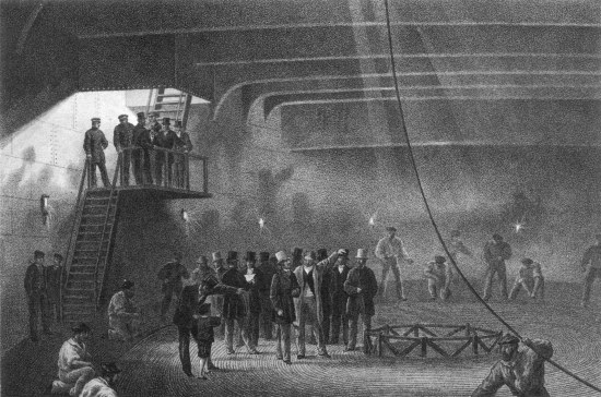 T. Picken, lith from a drawing by R. Dudley London, Day &
Sons, Limited, Lith.

COILING THE CABLE IN THE AFTER TANK ON BOARD THE GREAT EASTERN AT
SHEERNESS. VISIT OF H.R.H. THE PRINCE OF WALES ON MAY 24th.