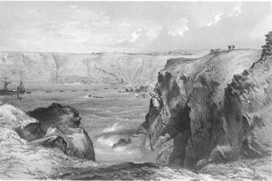 G. McCulloch, lith from a drawing by R. Dudley London,
Day & Sons, Limited, Lith.

FOILHUMMERUM BAY, VALENCIA FROM “CROMWELL FORT” THE CAROLINE AND BOATS
LAYING THE EARTH WIRE JULY 21st.