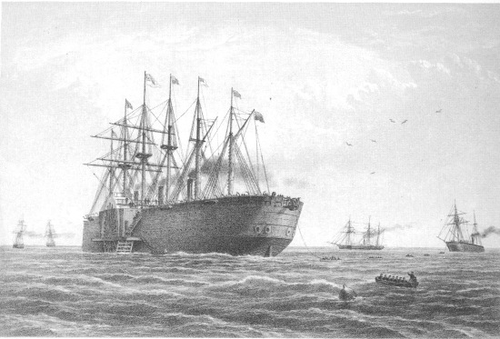 T. Picken, lith from a drawing by R. Dudley

THE GREAT EASTERN UNDER WEIGH JULY 23rd. (ESCORT AND OTHER SHIPS
INTRODUCED BEING THE TERRIBLE, THE SPHINX, THE HAWK & THE CAROLINE)