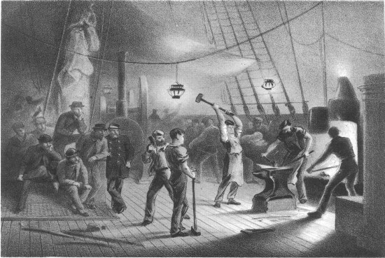 G. McCulloch, lith from a drawing by R. Dudley London,
Day & Sons, Limited, Lith.

THE FORGE ON DECK. NIGHT OF AUGUST 9TH PREPARING THE IRON PLATING FOR
CAPSTAN.
