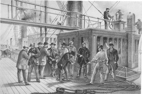 From a drawing by R. Dudley

London, Day & Sons, Limited, Lith.

SEARCHING FOR FAULT AFTER RECOVERY OF THE CABLE FROM THE BED OF THE
ATLANTIC. JULY 31st.