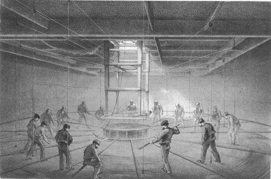 G. McCulloch, lith from a drawing by R. Dudley London,
Day & Sons, Limited, Lith.

INTERIOR OF ONE OF THE TANKS ON BOARD THE GREAT EASTERN. CABLE PASSING
OUT.