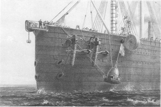 E. Walker, lith from a drawing by R. Dudley

London, Day & Sons, Limited, Lith.

LAUNCHING BUOY ON AUGUST 8TH IN LAT 51° 25´ 30´´ LONG. 38° 56´ (MARKING
SPOT WHERE CABLE HAD BEEN GRAPPLED).