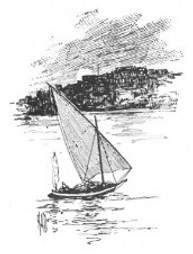 sailboat, hillside city in background