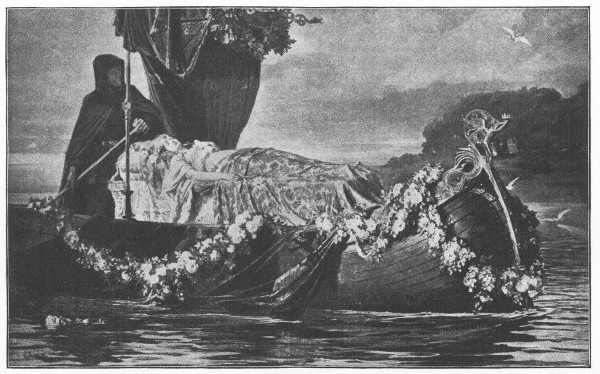 woman on a bier in a boat garlanded with flowers