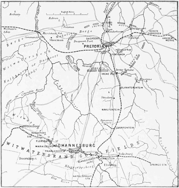 Map Showing District between Johannesburg and Pretoria, and the Position of
the British Forces Round the Latter.