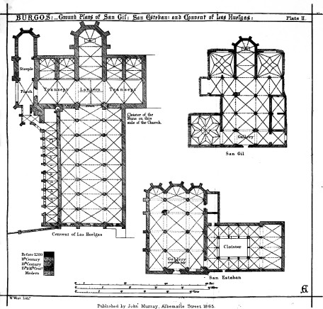 &mdash;BURGOS:&mdash;Ground Plans of San Gil: San Esteban: and
Convent of Las Huelgas. Plate II

Published by John Murray, Albemarle Street. 1865.