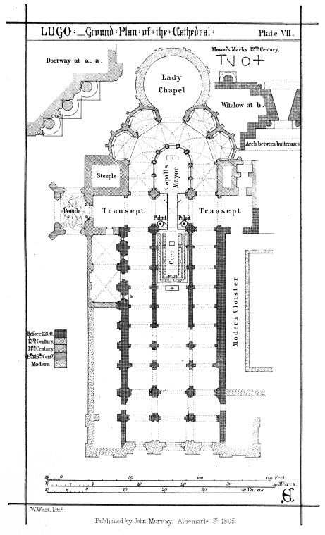 LUGO:&mdash;Ground: Plan: of: the: Cathedral: Plate VII.

W. West, Lithr.

Published by John Murray, Albemarle St. 1865.