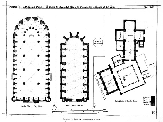BARCELONA:&mdash;Ground Plans of Sta Maria del Mar:&mdash;Sta
Maria del Pi:&mdash;and the Collegista of Sta Ana: Plate XVII.

Published by John Murray, Albemarle St. 1865.