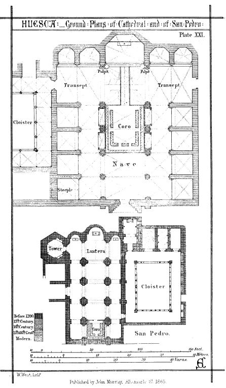 HUESCA: Ground: Plans: of: Cathedral: and: of: San:
Pedro:

Plate XXI.

W. West, Lithr.

Published by John Murray, Albermarle St. 1865.