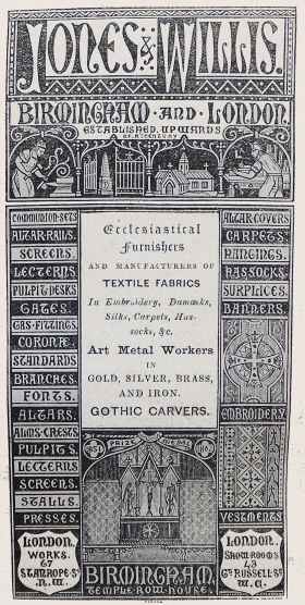 Decorative advertisement for Jones & Willis, Birmingham and
London, Ecclesiastical Furnishers