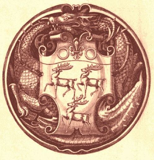 Round book-plate: Three stags on a shield below two rings