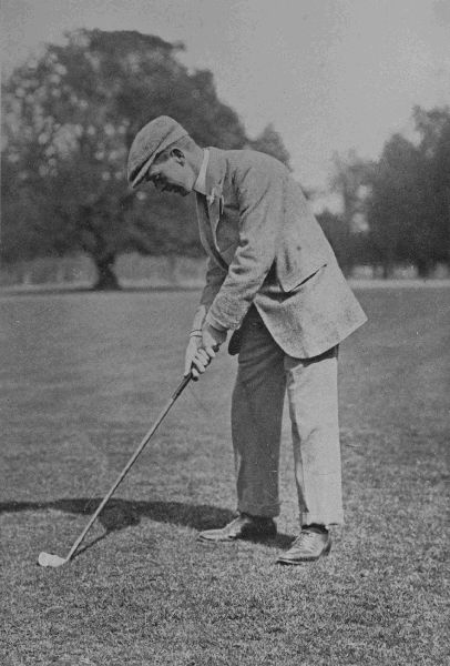 PLATE XIII.

J. SHERLOCK

This plate shows Sherlock's stance and address in his favourite
iron-shot. He addresses the ball so that it is nearly opposite his
right heel.