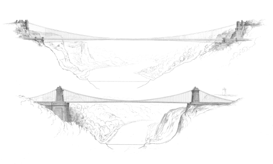 CLIFTON SUSPENSION BRIDGE.
Plate I.
Fig. 1.
Elevation of Drawing Nº 3 of Mr. Brunel’s Designs in the first
competition. AD. 1829
Fig. 2.
H. Adlard So.
Elevation of the Bridge according to the Design on which the works were
commenced. AD. 1836.