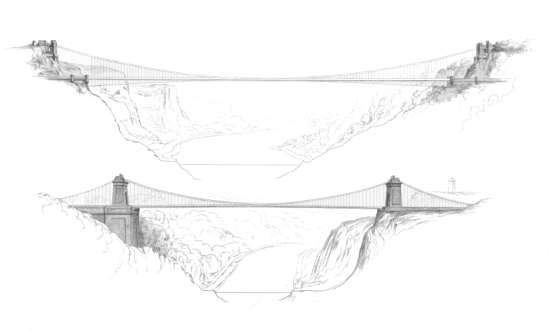CLIFTON SUSPENSION BRIDGE.
Plate I.
Fig. 1.
Elevation of Drawing Nº 3 of Mr. Brunel’s Designs in the first
competition. AD. 1829
Fig. 2.
H. Adlard So.
Elevation of the Bridge according to the Design on which the works were
commenced. AD. 1836.