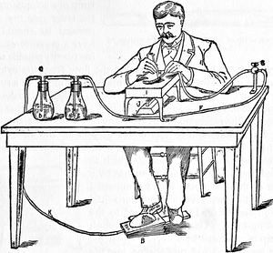 Fig. 61.—Apparatus for inflating larvæ: B, foot-bellows; K, rubber tube;
C, flask; D, anhydrous sulphuric acid; E, overflow-flask; F, rubber tube
from flask; G, standard with cock to regulate flow of air; H, glass tube
with larva upon it; I, copper drying-plate; J, spirit-lamp.
