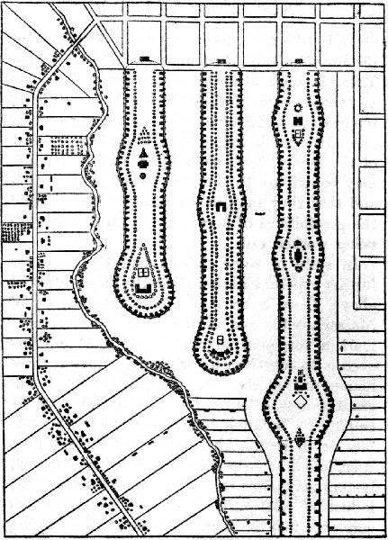 A COMMUNITY PLAN SUBMITTED BY MILO HASTINGS IN THE
AMERICAN HOUSING COMPETITION, 1919, SHOWING THE U VARIATIONS,
THE BACK SERVICE STREET, THE PROVISION FOR
REAR GARDENS, AND THE OPEN AREAS ON WHICH ALL THE
HOUSES WILL FRONT

(Reprinted by permission from the Journal of the American Institute
of Architects, June, 1919)