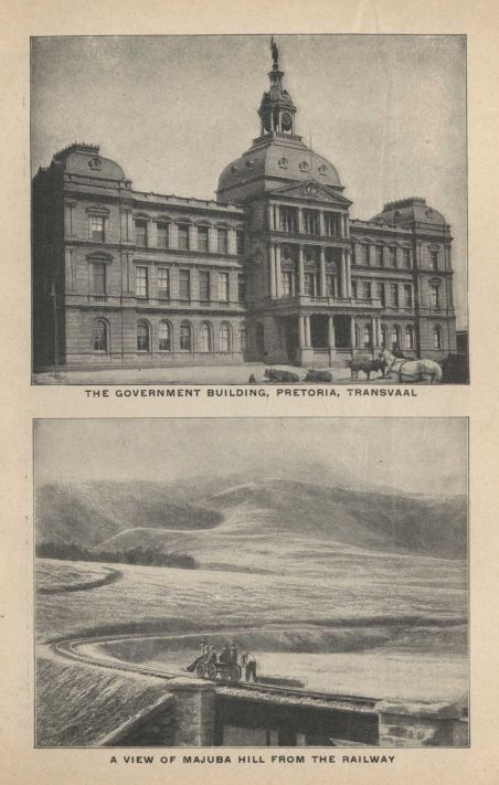 THE GOVERNMENT BUILDING, PRETORIA, TRANSVAAL. A VIEW OF MAJUBA HILL FROM THE RAILWAY