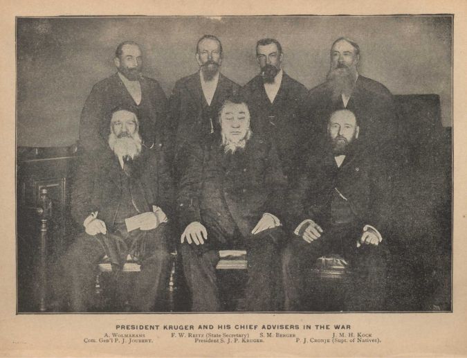 PRESIDENT KRUGER AND HIS CHIEF ADVISERS IN THE WAR. A. Wolmarans, F. W. Reitz (State Secretary), S. M. Berger, J. M. H. Kock, Com. Gen'l P. J. Joubert, President S. J. P. Kruger, P. J. Cronje (Supt. of Natives).