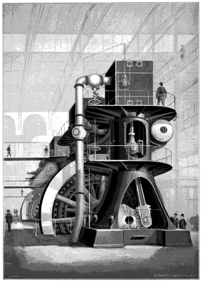 An old engraving of a large pneumatic caisson in the 1800s. It is