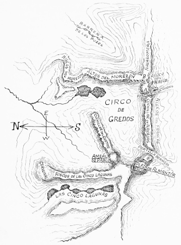 SKETCH-MAP OF THE NUCLÉO CENTRAL OF GRÉDOS

(A. Alto del Casquerázo.

B. Riscos del Fraile, with the Hermanitos in front.)